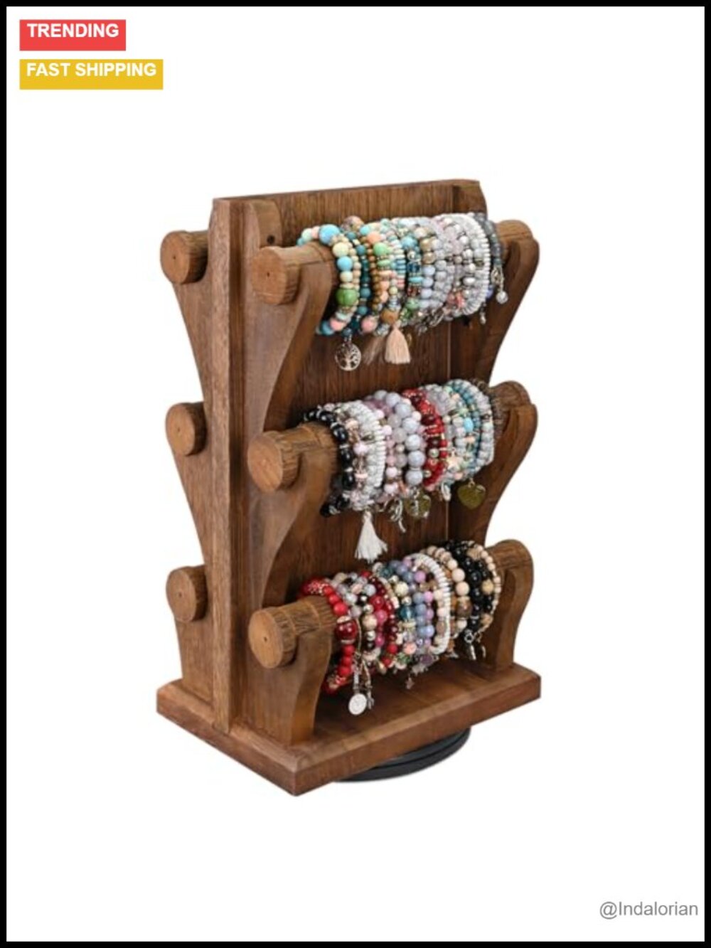 Rotating Wooden Jewelry Display Stand with 6 Bracelet Holders, 3-Tier, 17 Inch